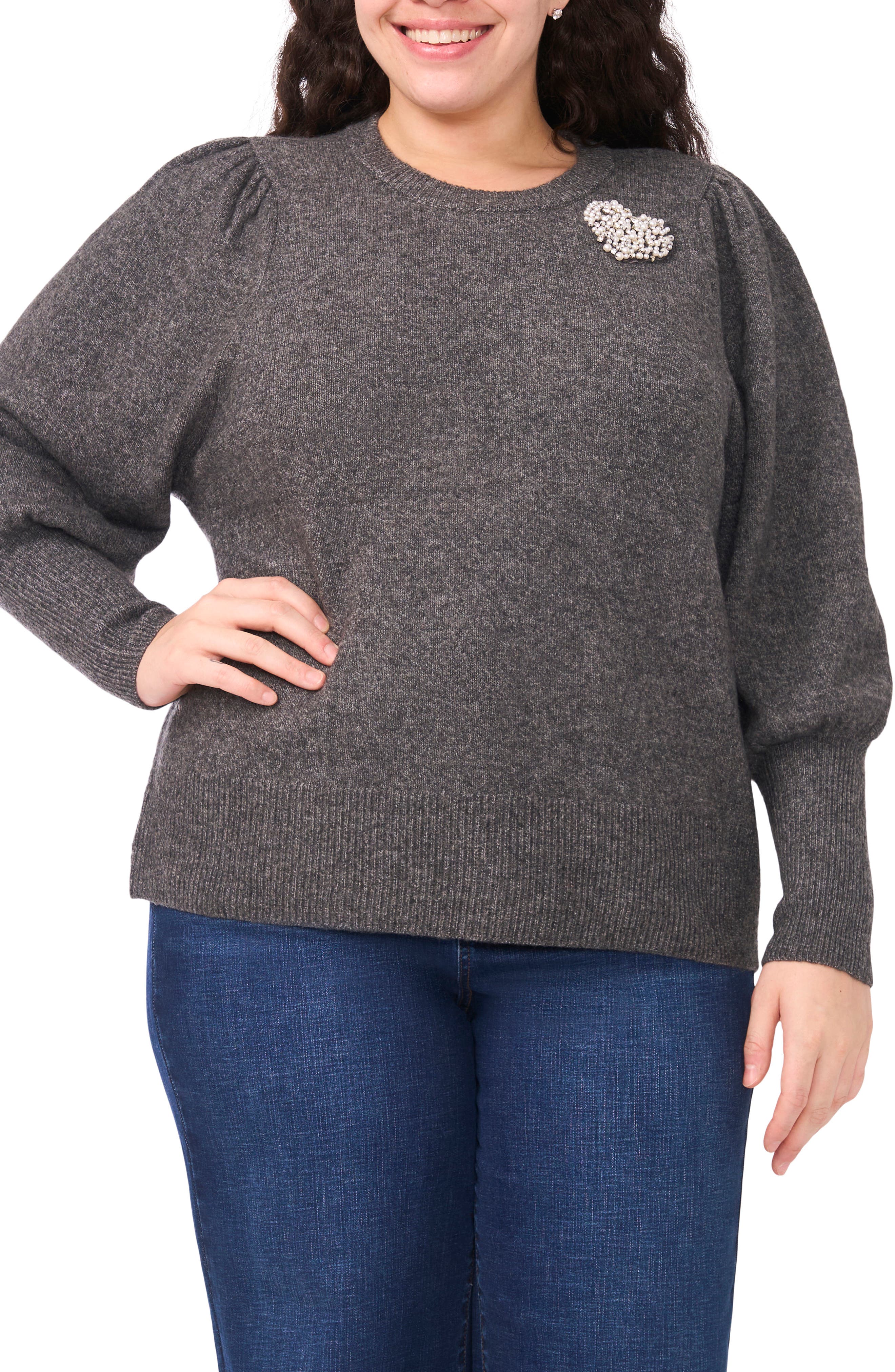 CeCe Faux Pearl Heart Applique Sweater