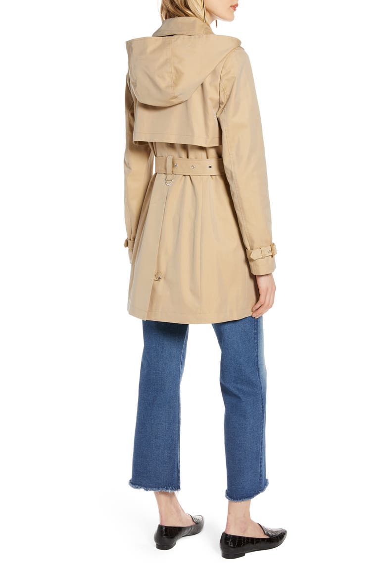 Double Breasted Trench Coat with Removable Hood, Alternate, color, KHAKI