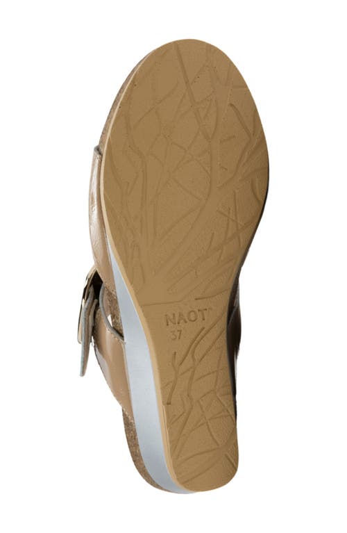 Naot Magic Wedge Sandal In Camel Crinkle Patent Leather