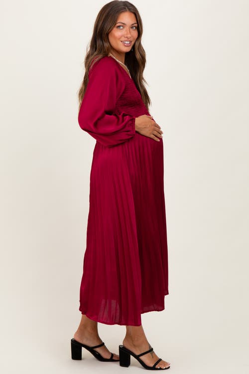 Pinkblush Satin Smocked Pleated Midi Dress In Burgundy