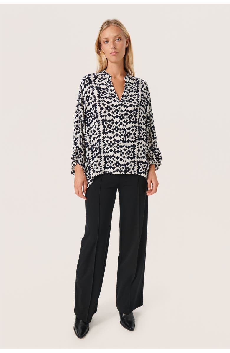 Soaked in Luxury Zaya 3/4 Sleeves V-Notch Neck Blouse, Alternate, color, White And Navy Folklore