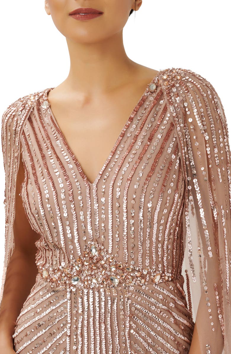 Adrianna Papell Beaded Sequin Long Sleeve Cape Overlay Column Gown, Alternate, color, 