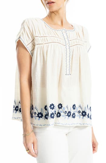 Max Studio Embroidered Half Button Top In White