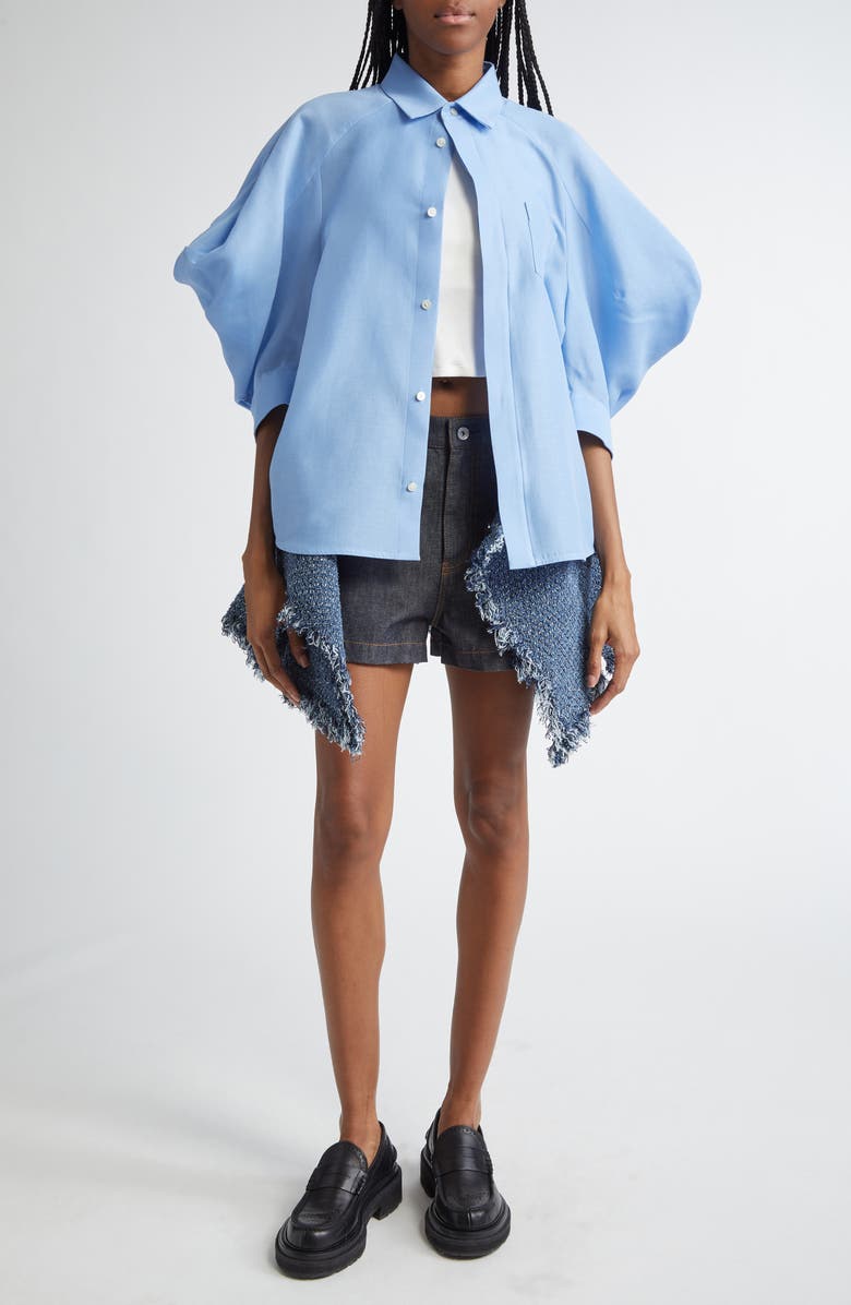 Sacai Silk & Cotton Balloon Raglan Sleeve Button-Up Shirt, Alternate, color,