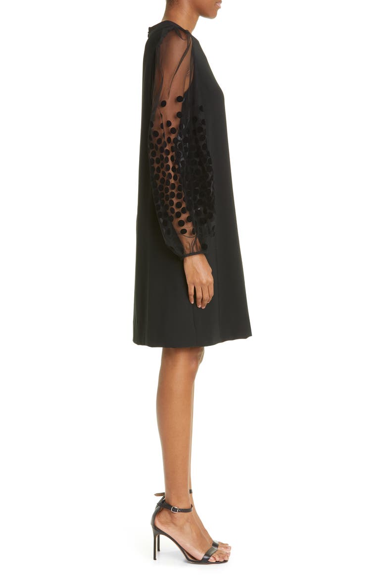 Flocked Dot Long Sleeve Shift Dress, Alternate, color, BLACK