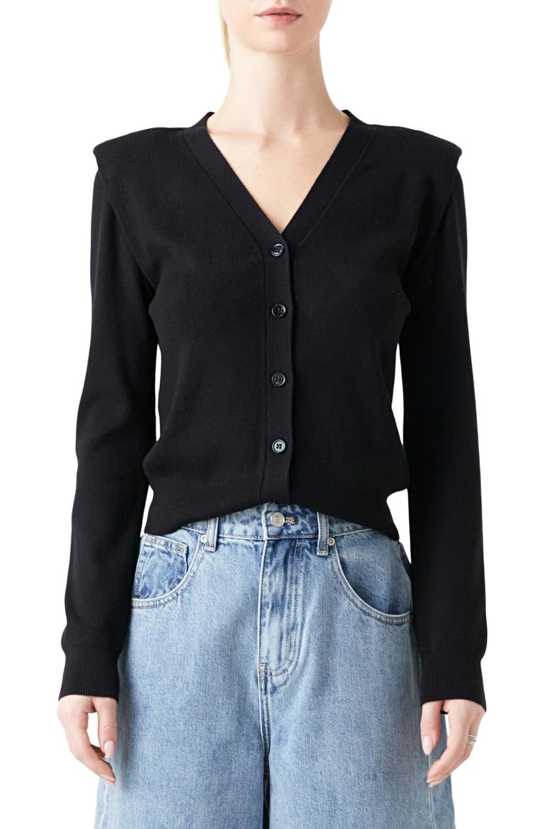 Padded Shoulder V-Neck Cardigan, Main, color, BLACK