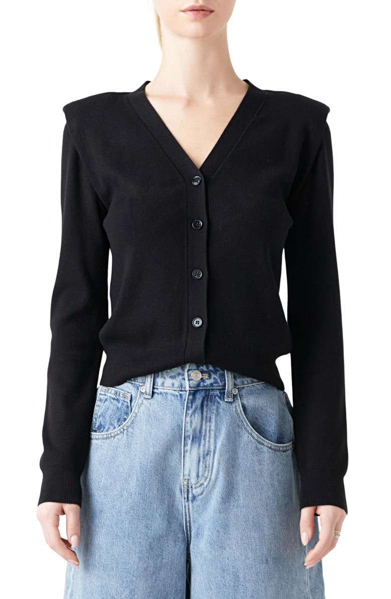 Grey Lab Padded Shoulder V-Neck Cardigan, Main, color, Black