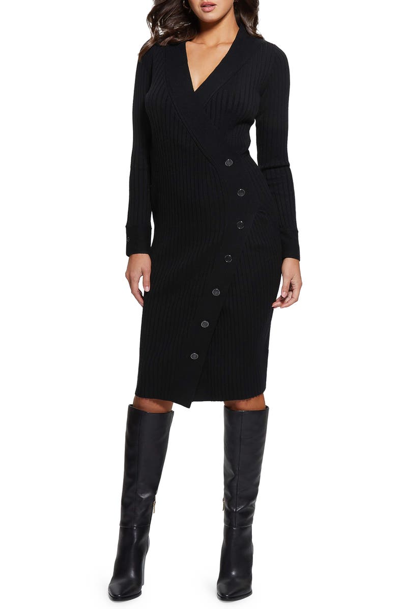 GUESS Asymmetric Button Long Sleeve Rib Sweater Dress, Main, color,