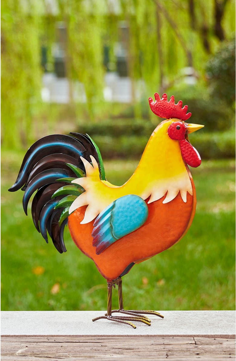 Glitzhome 21"H Metal Rooster Garden Statue Indoor Outdoor Sculpture, Alternate, color, Orange