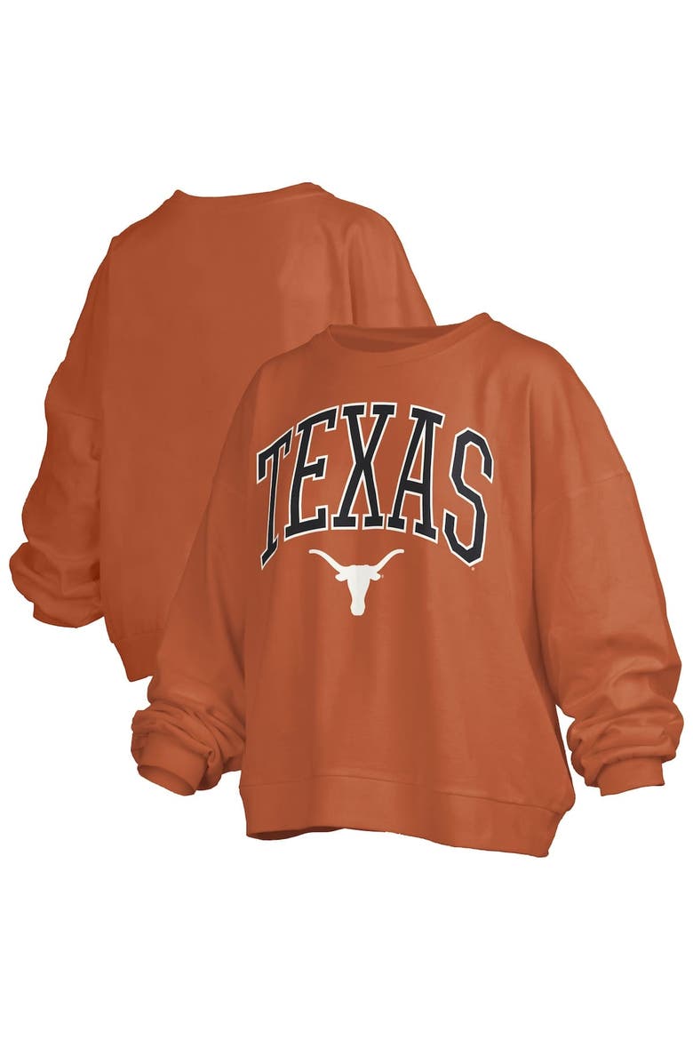 Women's Pressbox Texas Orange Texas Longhorns Janise Arch Over Logo Waist Length Oversized Pullover Sweatshirt, Main, color, Burnt Orange