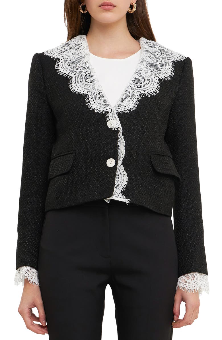 Endless Rose Lace Collar Tweed Crop Blazer, Main, color, 
