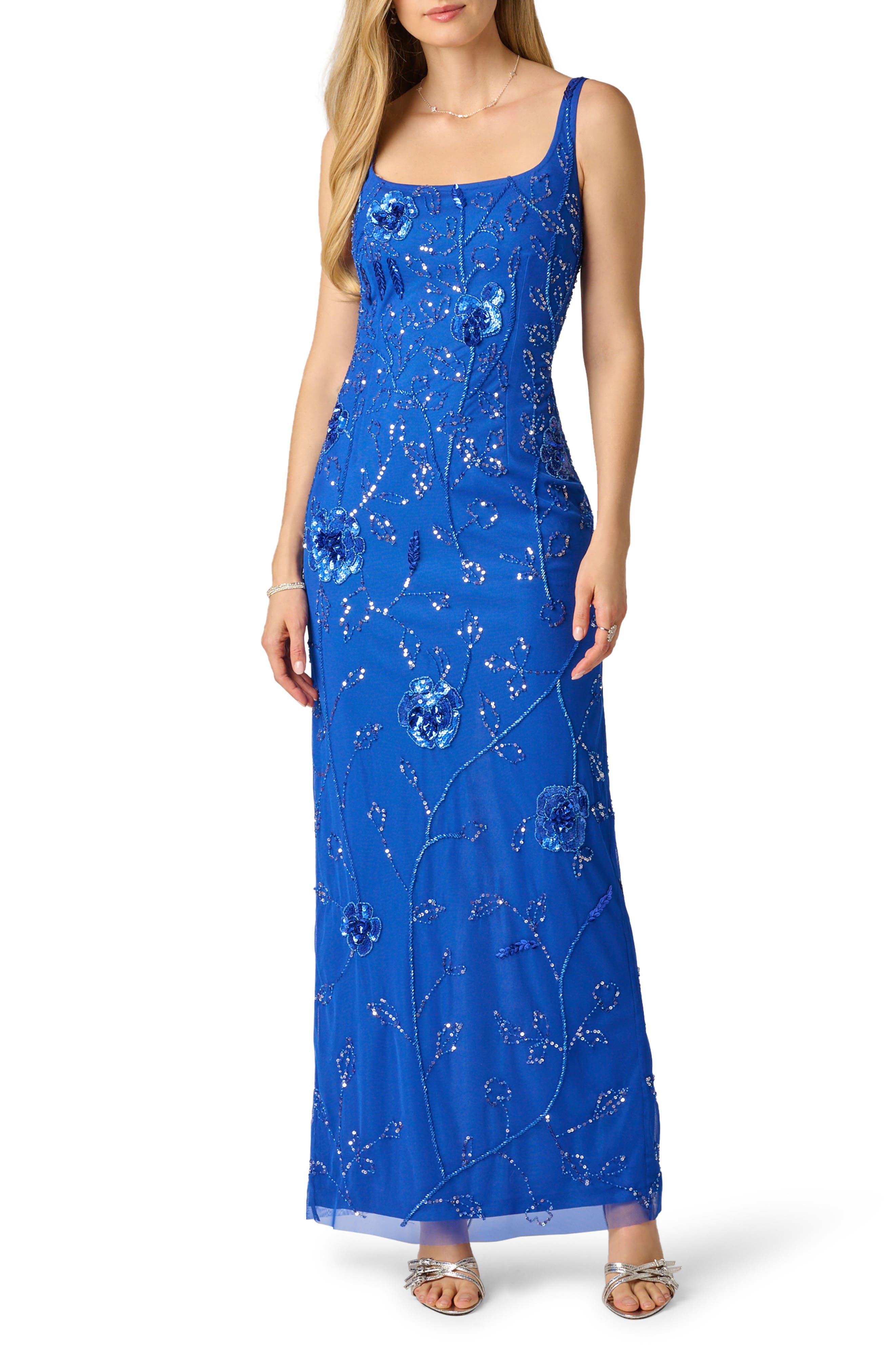 Beaded Mesh Column Gown