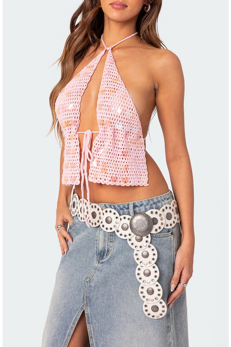 Backless Paillette Crochet Halter Top, Alternate, color, PINK