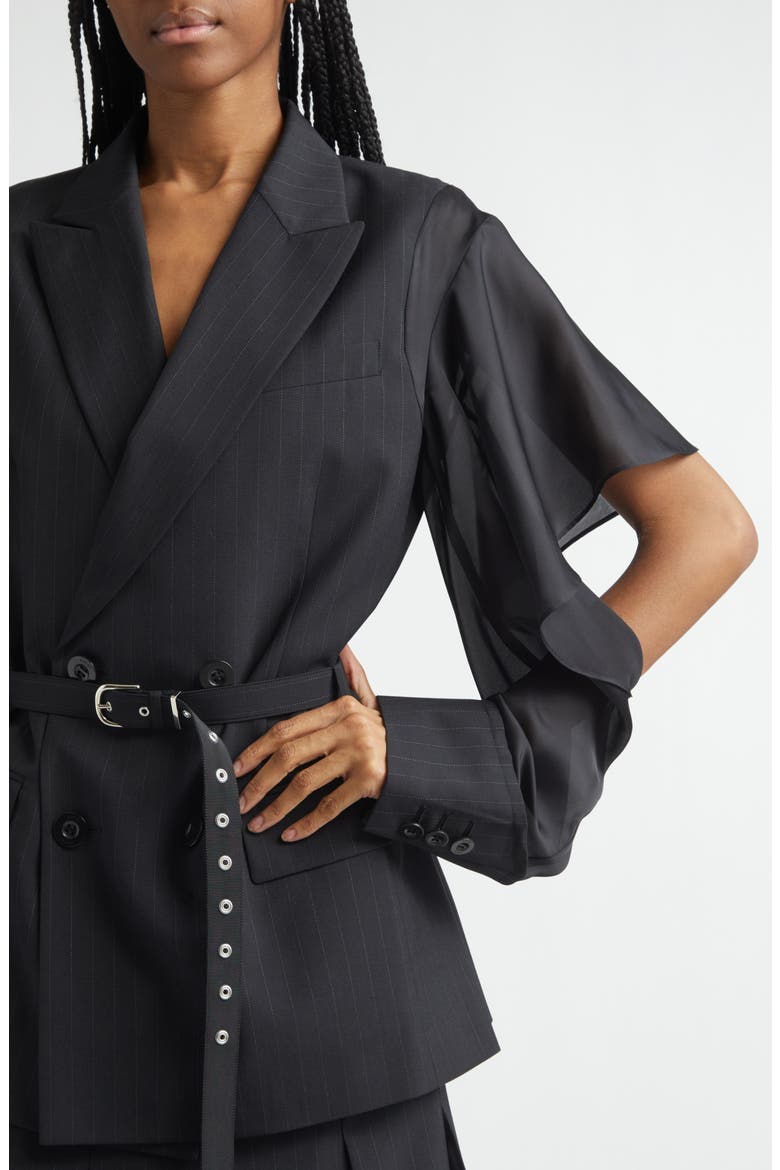 Chalk Stripe Mixed Media Belted Blazer, Alternate, color, BLACK