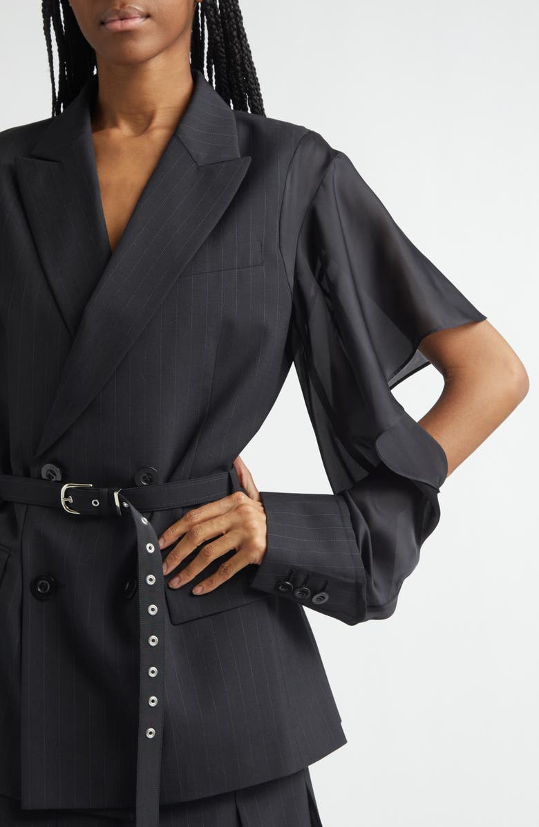 Sacai Chalk Stripe Mixed Media Belted Blazer, Alternate, color, Black