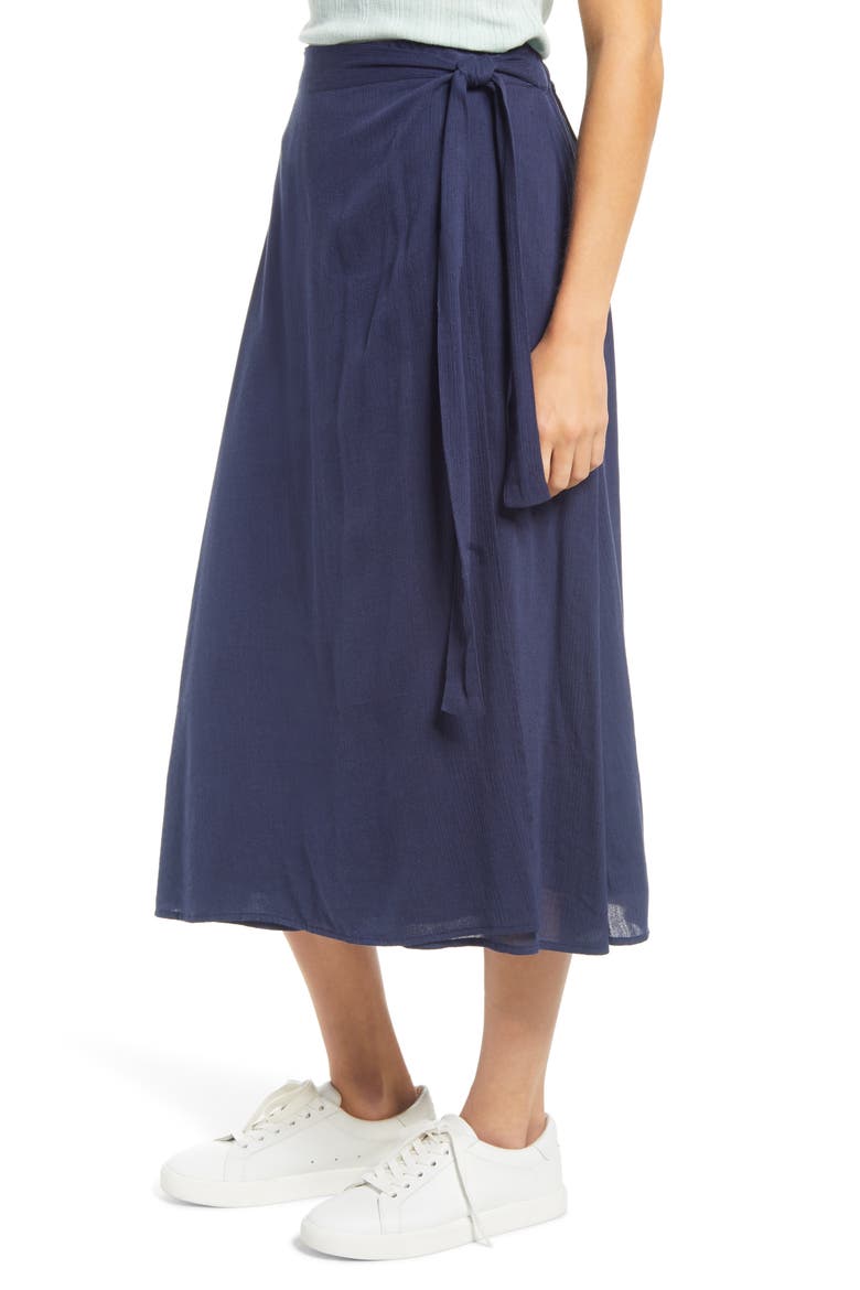 Faux Wrap Midi Skirt, Alternate, color, NAVY PEACOAT