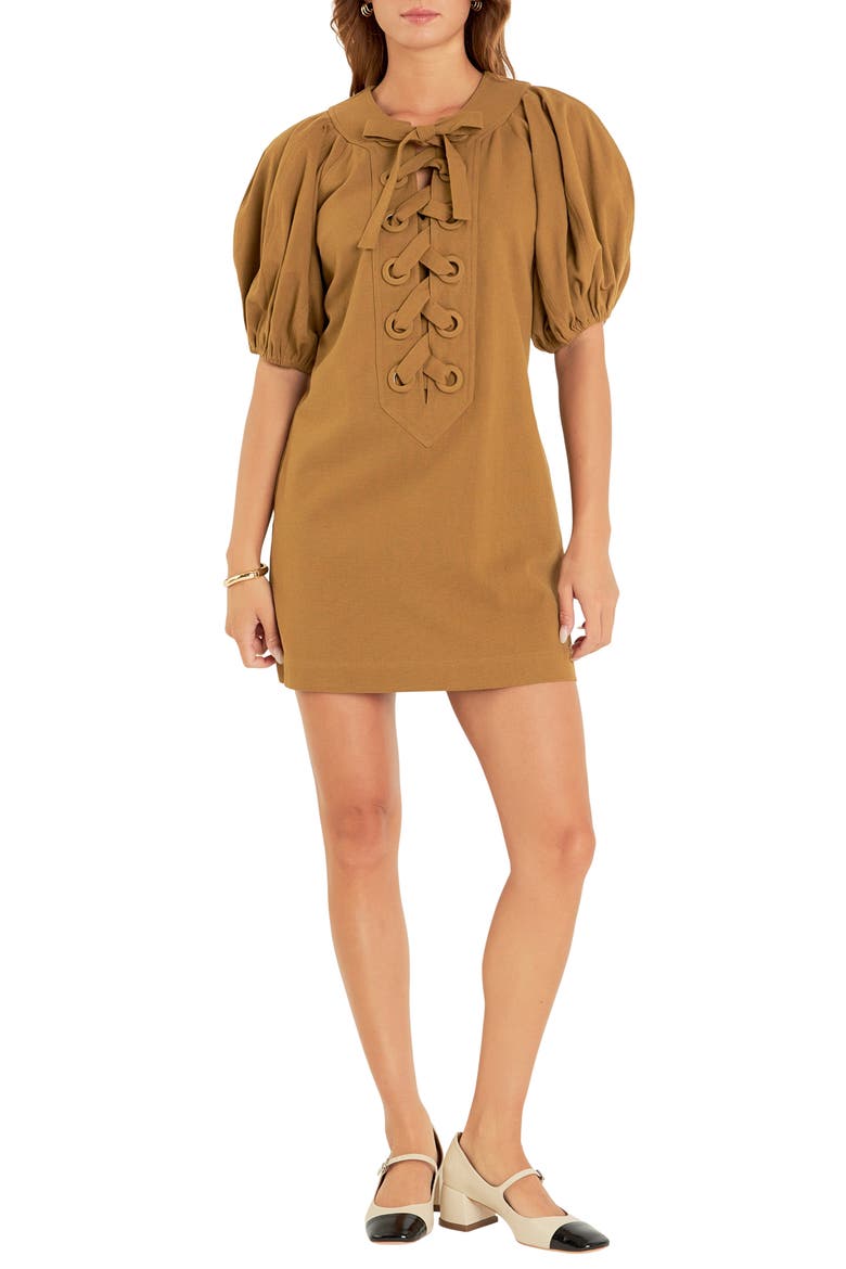 Lace-Up Front Puff Sleeve Minidress, Main, color, OLIVE