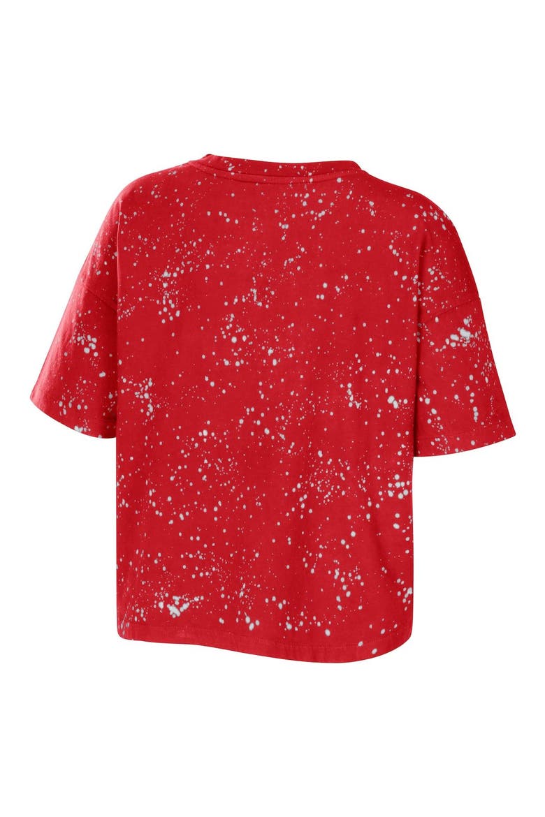 Women's WEAR by Erin Andrews Scarlet Ohio State Buckeyes Bleach Wash Splatter Cropped Notch Neck T-Shirt, Alternate, color, Scarlet