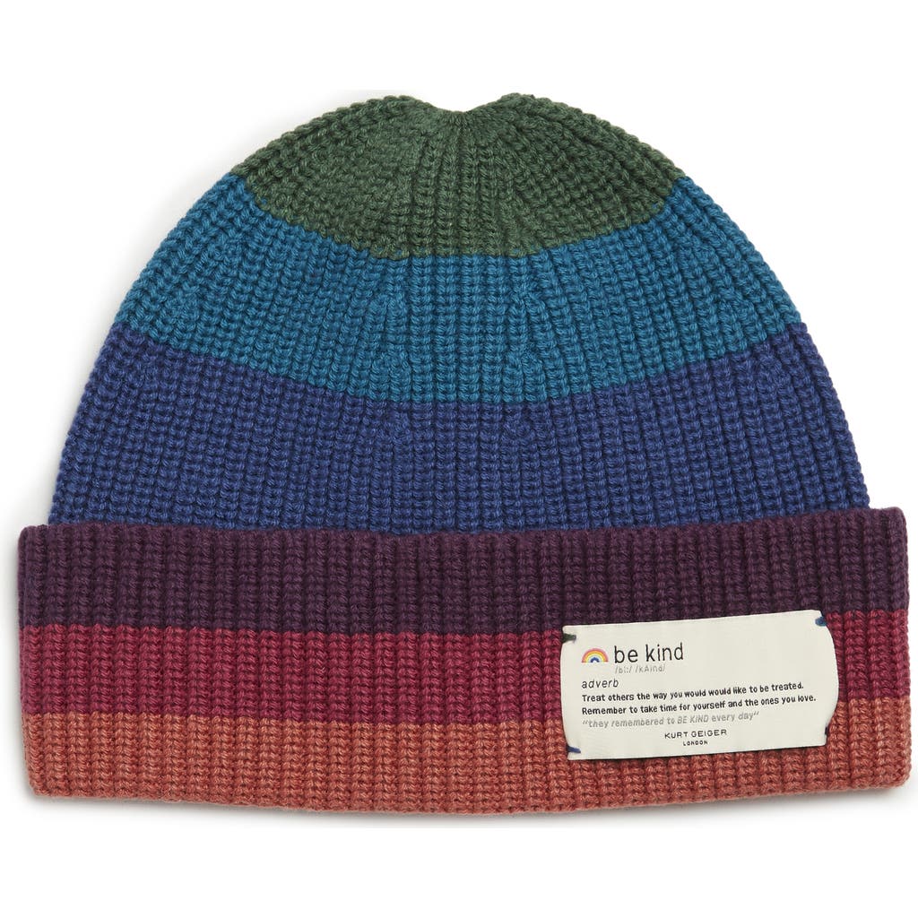 Kurt Geiger London Rainbow Stripe Chunky Knit Cuff Beanie In Blue