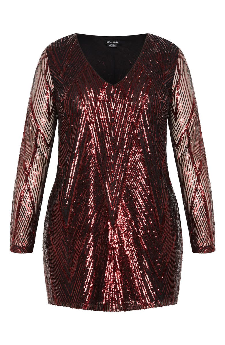 City Chic Veda Long Sleeve Sequin Minidress, Main, color, Ruby