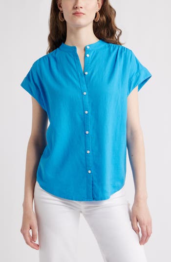 Caslon ® Easy Cap Sleeve Linen Blend Button-up Shirt In Blue
