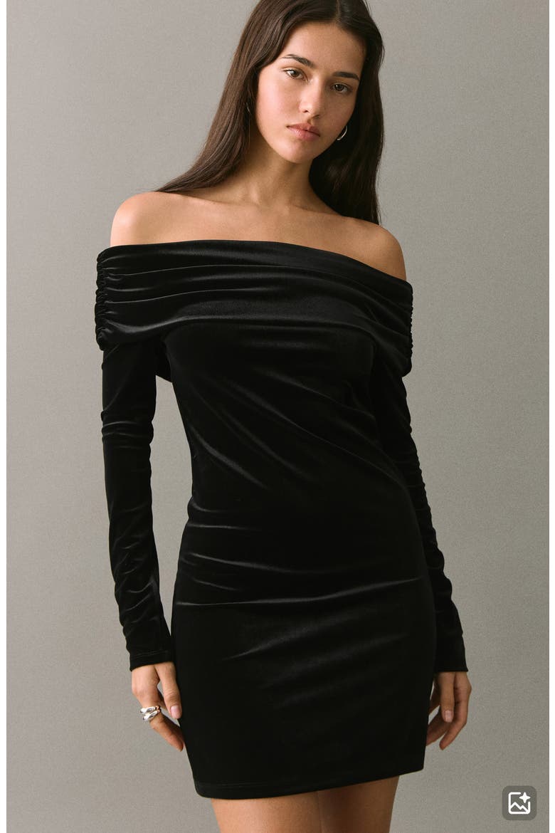 Off the Shoulder Long Sleeve Velvet Minidress, Alternate, color, BLACK