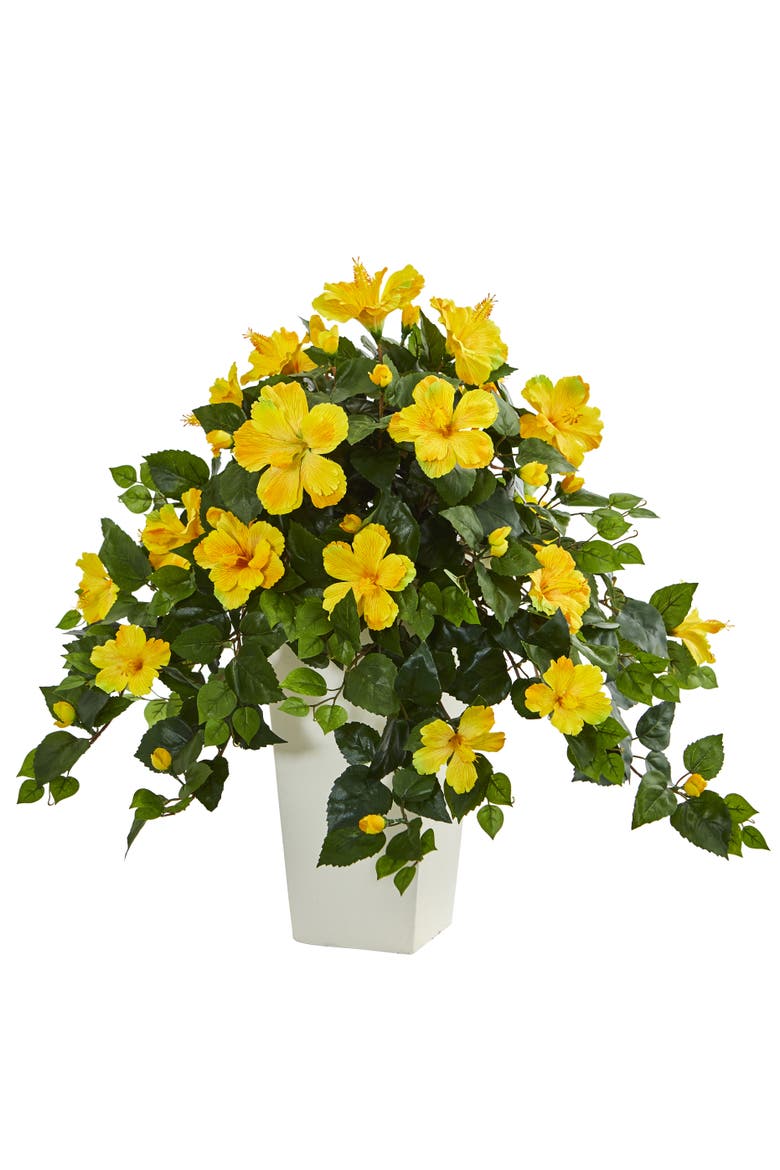 Hibiscus Artificial Plant in White Tower Planter, Main, color, Yellow