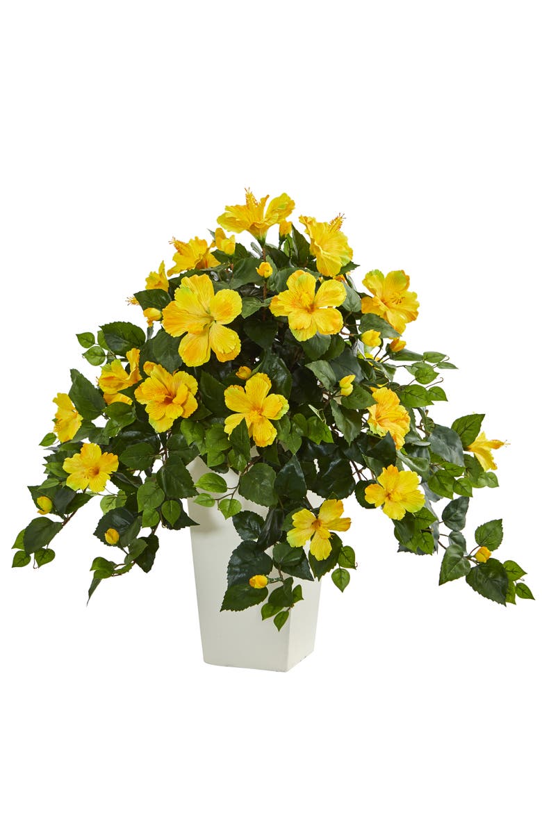 NEARLY NATURAL Hibiscus Artificial Plant in White Tower Planter, Main, color, Yellow