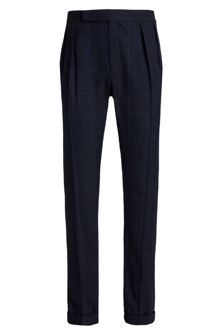 Gregory Pleated Glen Plaid Cashmere Trousers, Alternate, color, DARK NAVY MULTI