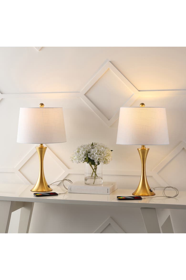 Bennett Modern Glam Iron Hourglass LED Table Lamp with USB Charging Port, Main, color, Brass Gold