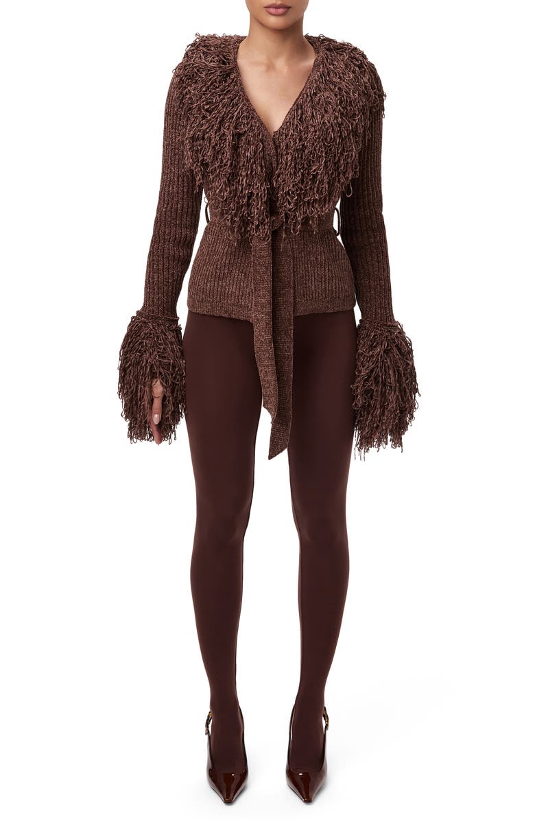 Naked Wardrobe Fringe Tie Waist Chenille Cardigan, Alternate, color, Dark Chocolate