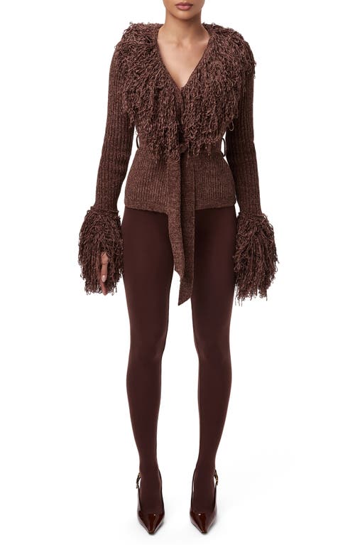 Naked Wardrobe Fringe Tie Waist Chenille Cardigan In Brown
