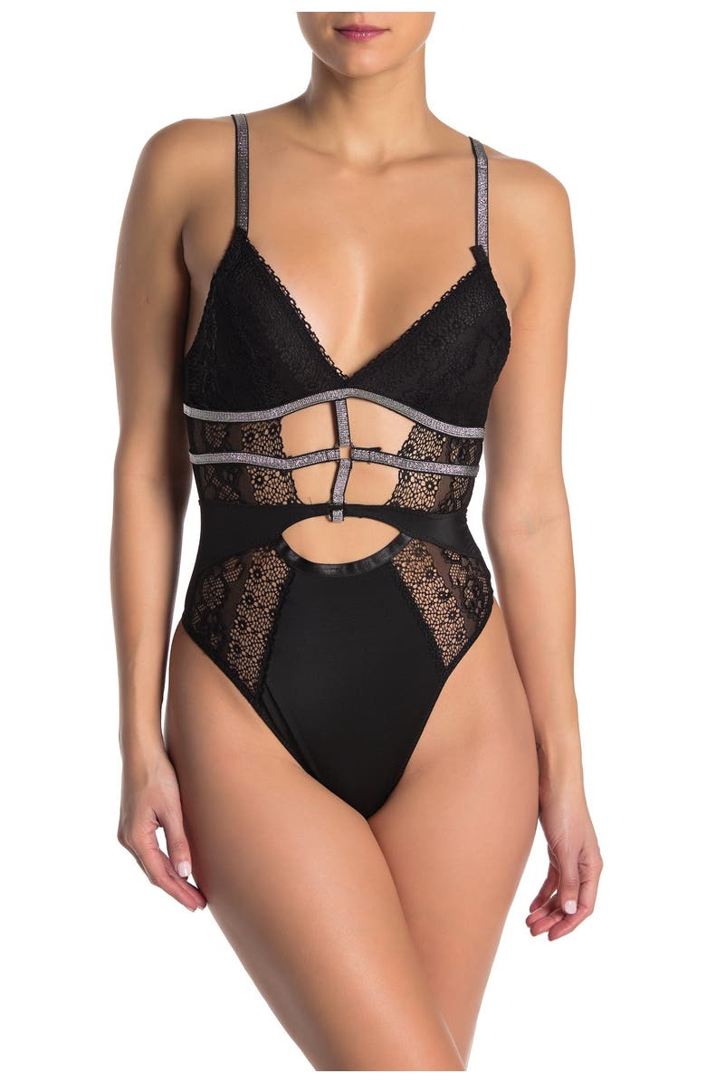 SECRET LACE Lace Front Cutout Thong Bodysuit, Main, color, Black