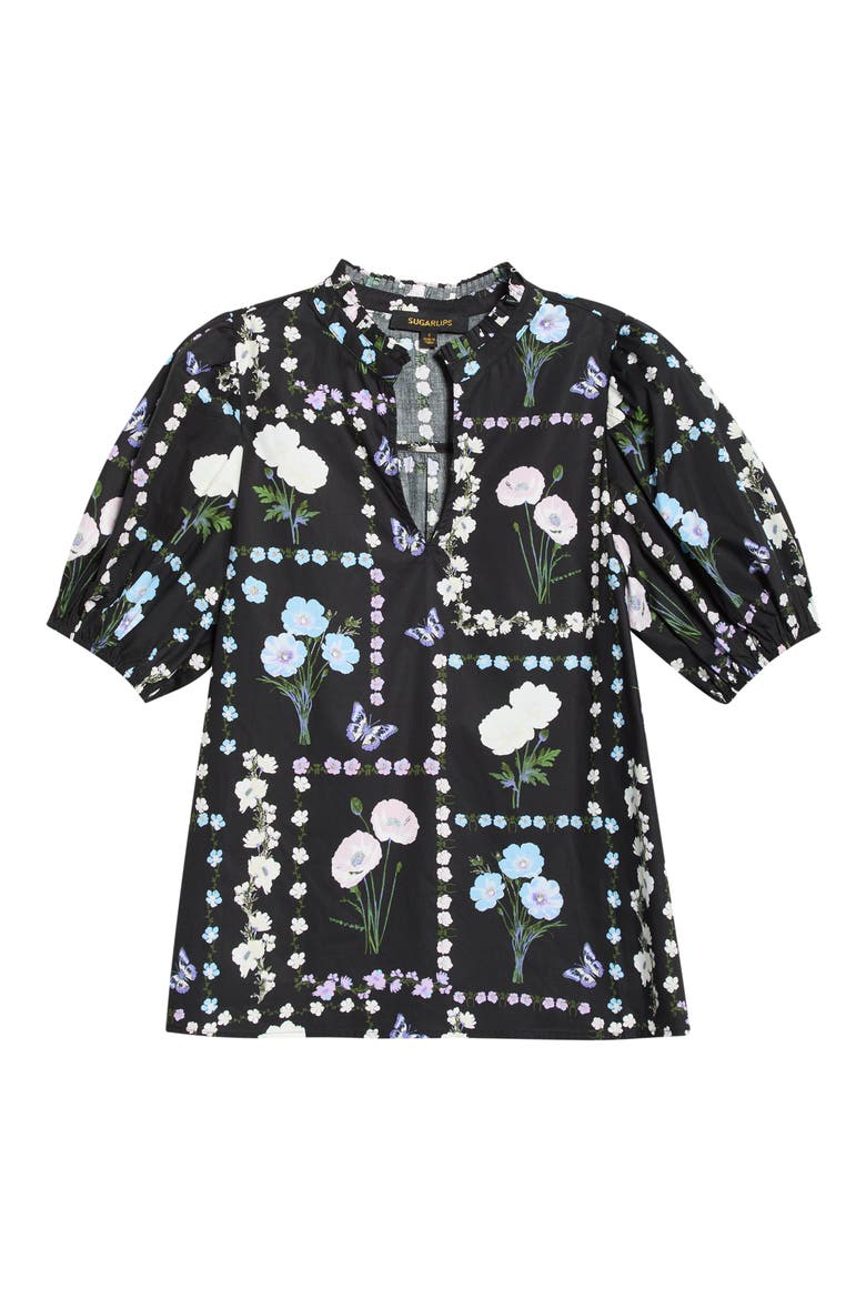 Daly Trevis Floral Split Neck Top, Alternate, color, BLACK-PASTEL