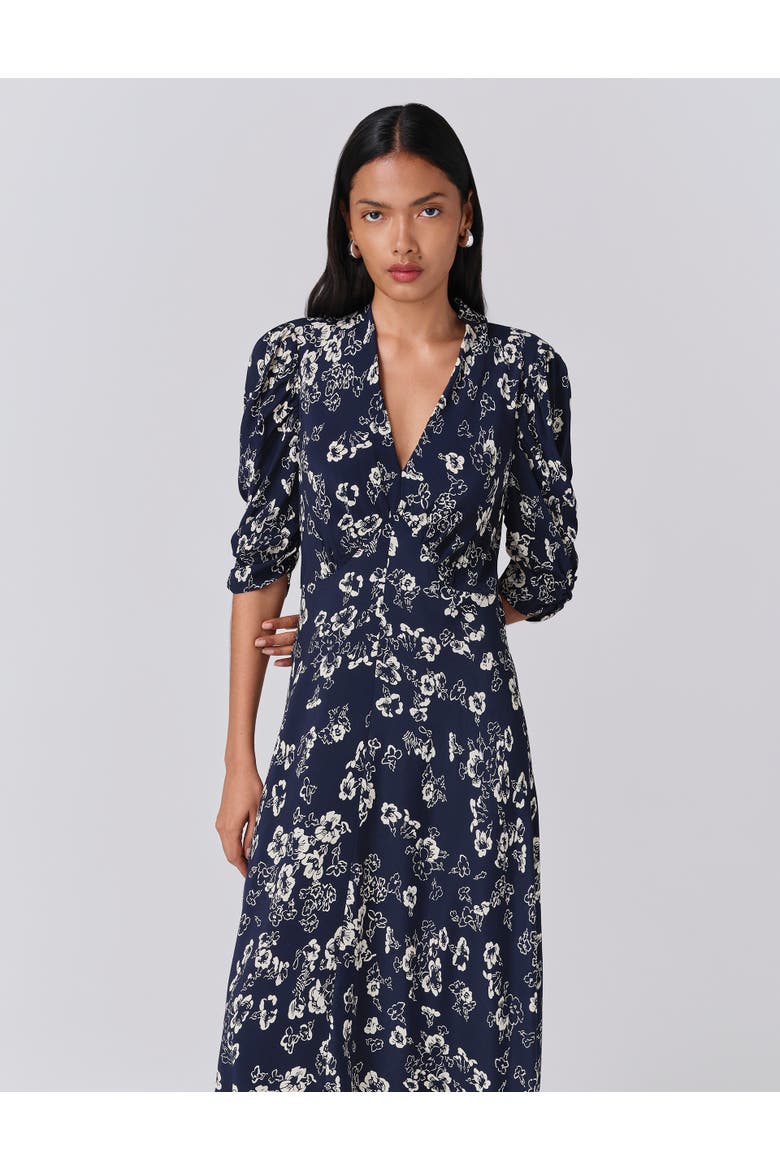 Mia Crepe Floral Midi Tea Dress, Alternate, color, Navy Floral