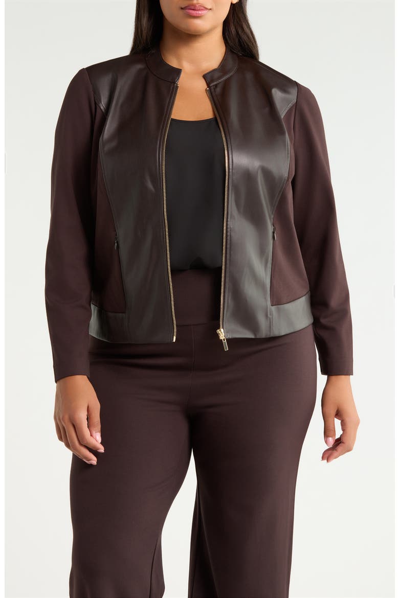Faux Leather Trim Moto Jacket, Main, color, DEEP MAHOGANY