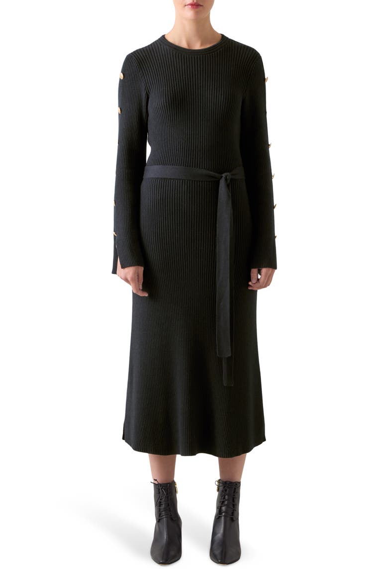 Mirren Long Sleeve Rib Organic Cotton Maxi Dress, Main, color, BLACK