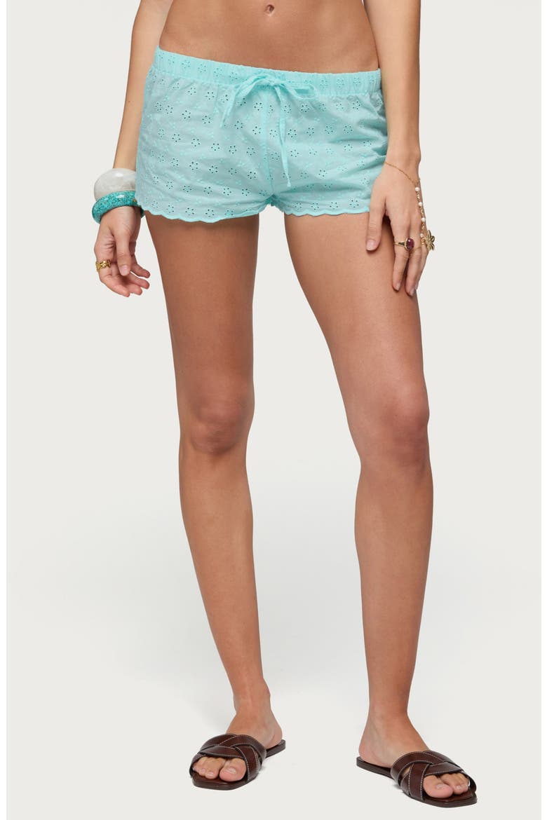 Talula Cotton Eyelet Tie Drawstring Shorts, Main, color, AQUA