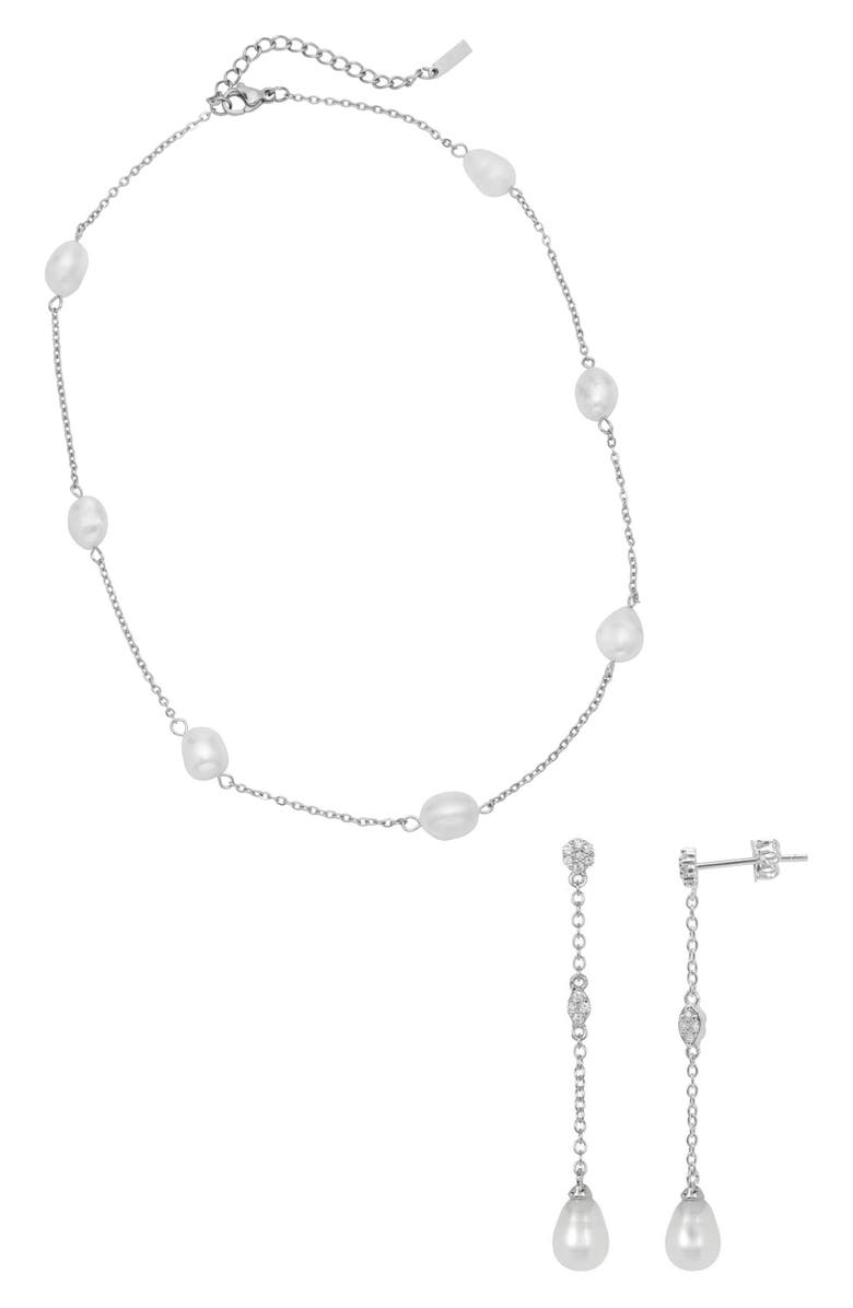 Adornia Freshwater Pearl Station Necklace & Drop Earrings Set, Main, color, Rhodium/ Freshwater Pearl