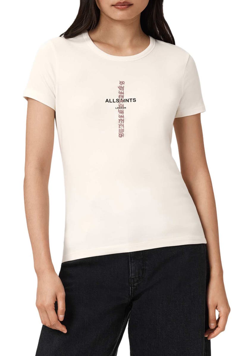 AllSaints Knox Stevie Logo T-Shirt, Main, color, Ashen White