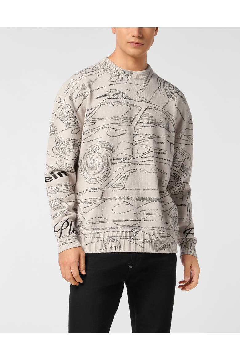 Knitted Pullover Round Neck Ls Cars Racing Men, Main, color, Black/Off White
