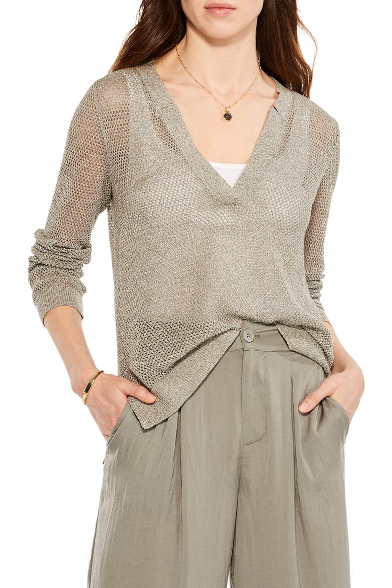 Open Stitch V-Neck Sweater, Main, color, TARRAGON