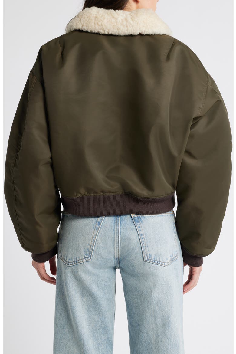 Shrunken Genuine Shearling Collar Water Resistant Bomber, Alternate, color, DARK MILITARY