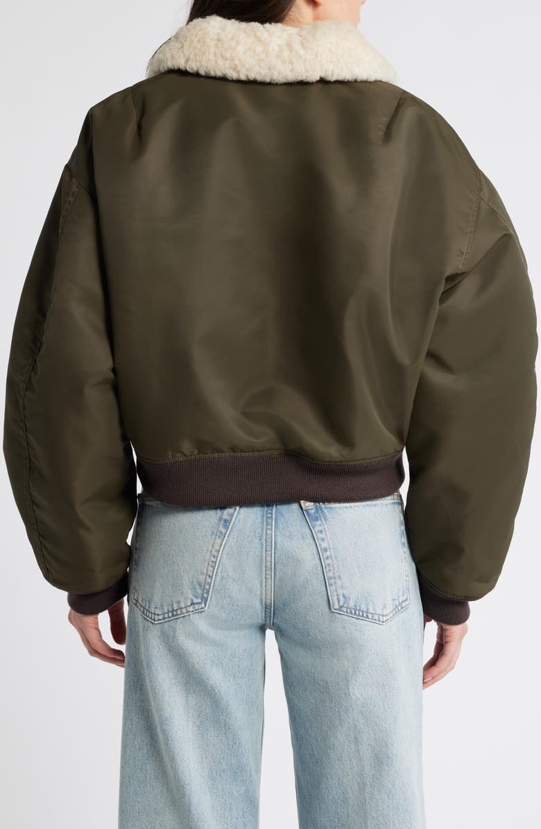 Re/Done Shrunken Genuine Shearling Collar Water Resistant Bomber, Alternate, color, Dark Military