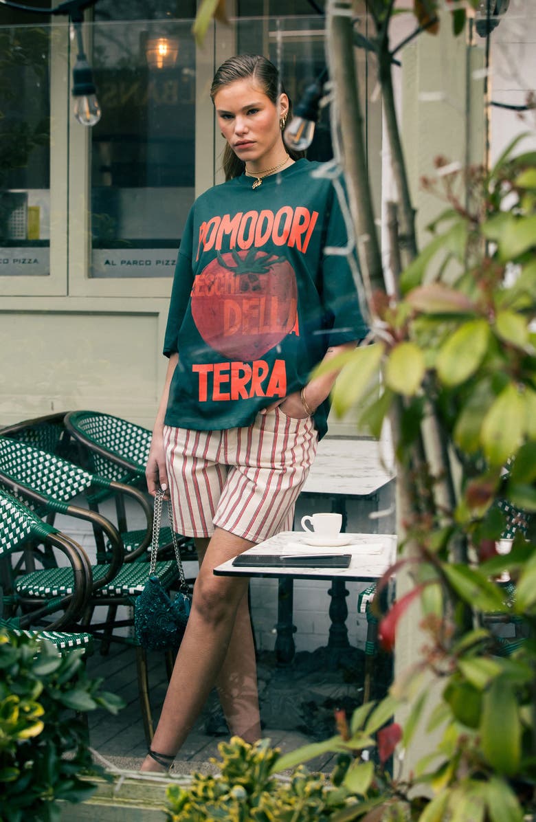 Topshop Stripe Mid Thigh Denim Shorts, Alternate, color, Dark Red