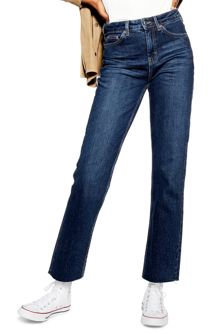 High Waist Raw Hem Straight Leg Jeans, Main, color, INDIGO