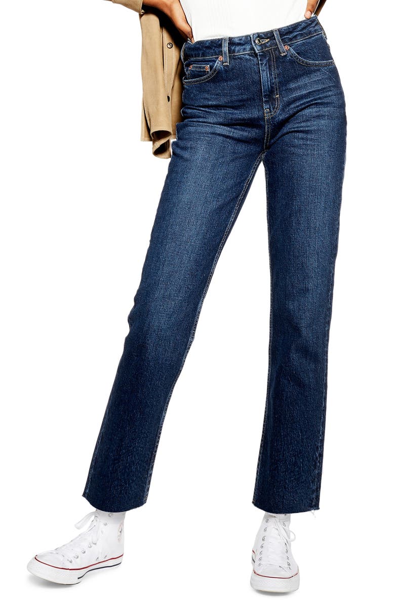 Topshop High Waist Raw Hem Straight Leg Jeans, Main, color,