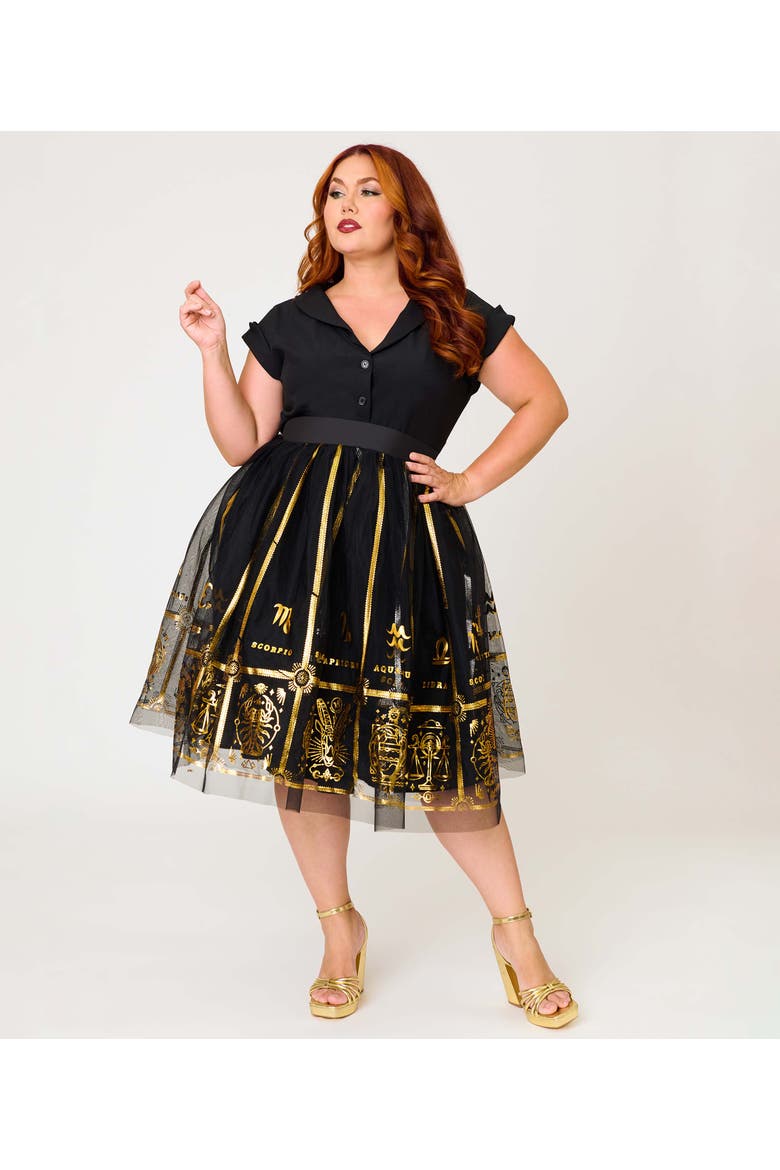 Plus Size Brilliance Swing Skirt, Alternate, color, Black Zodiac Sign Print