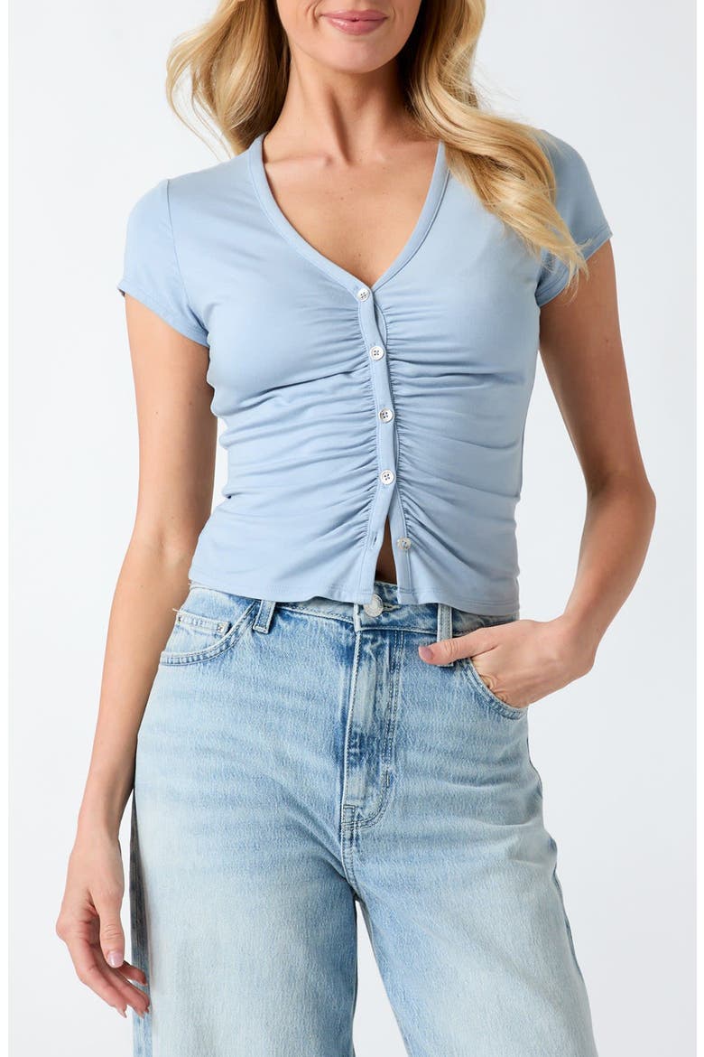 Bianca Ruched Short Sleeve Button Up Top, Main, color, BLUE