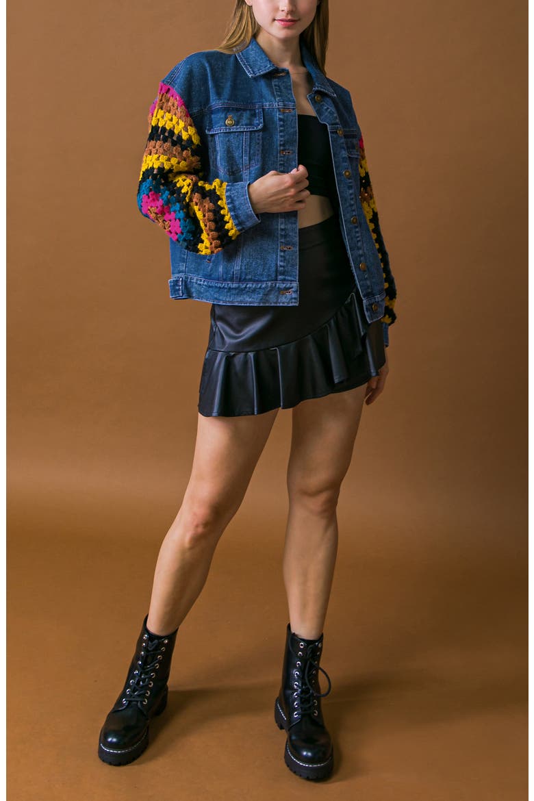 Crochet Trim Denim Jacket, Alternate, color, MEDIUM INDIGO